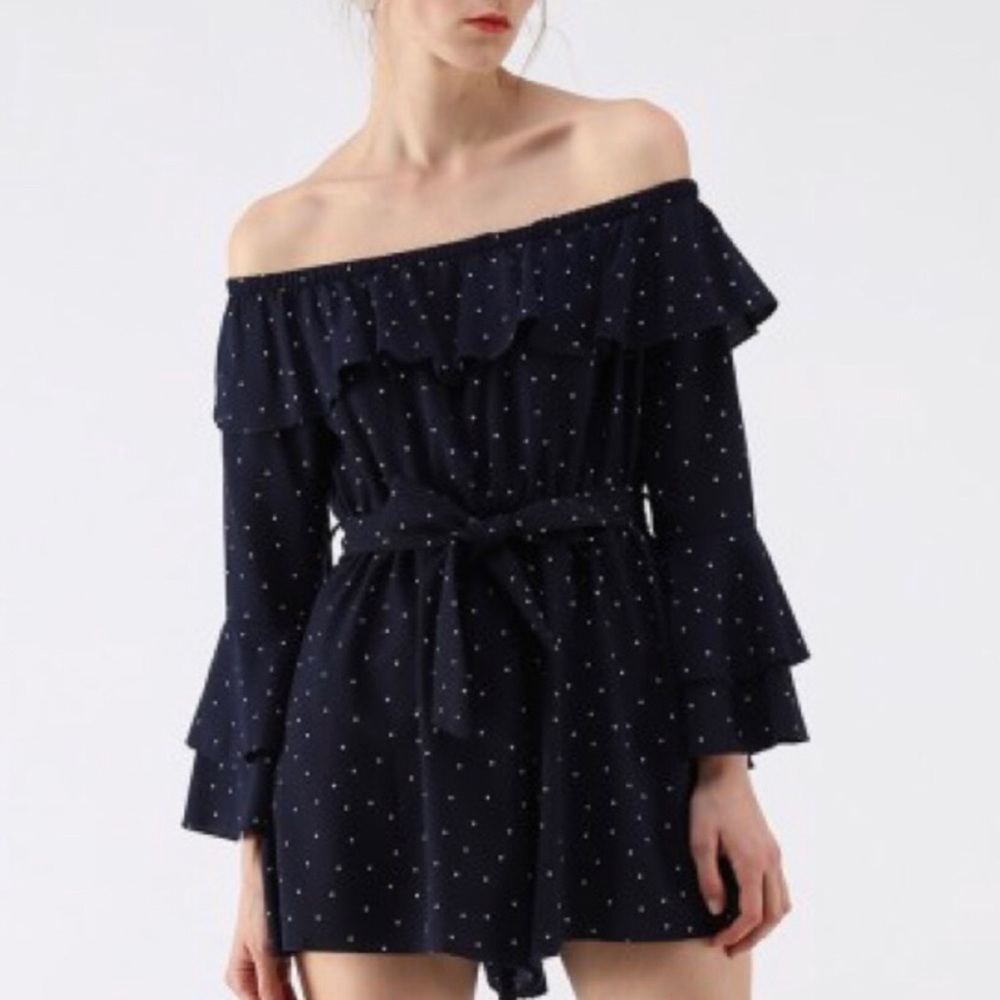 Enchanting Polka Dot Off Shoulder Playsuit in Navy